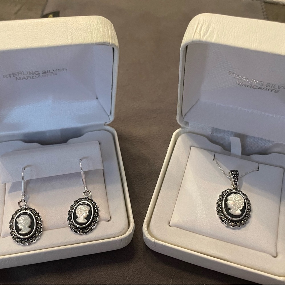 Sterling Silver and Marcasite, Opal Made Cameo on Top of Onyx, set.